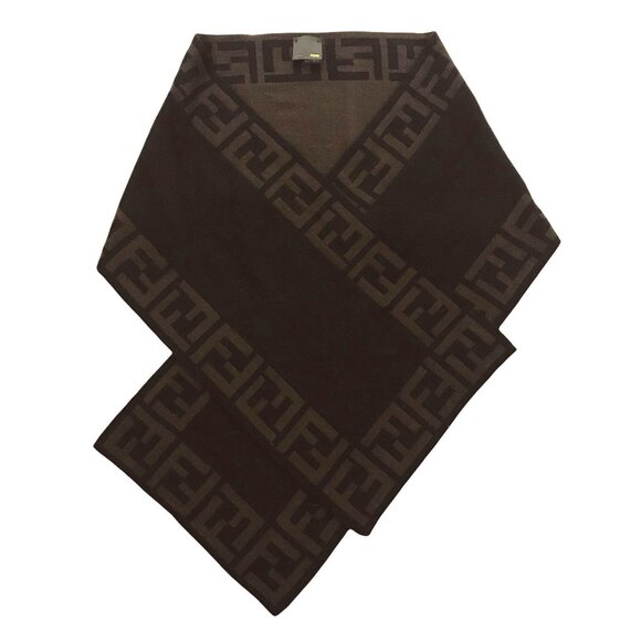 Fendi FF Monogram 100% Wool Scarf Extra Long Signature Logo Brown Like New - Picture 13 of 15